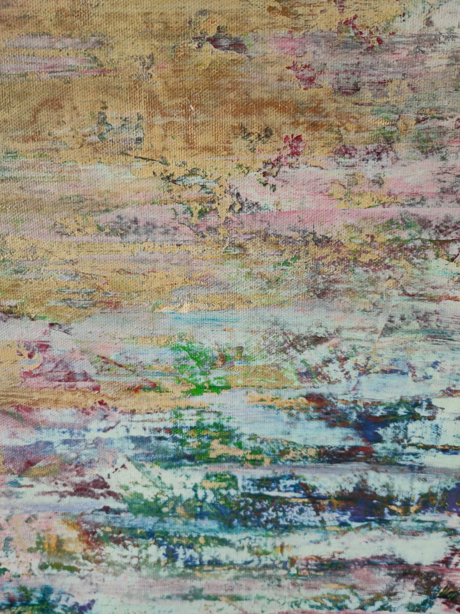 "Nymphéas" by Lenon B, an abstract impressionist painting that captures the tranquility of water and nature, with soft brushstrokes and a peaceful palette.