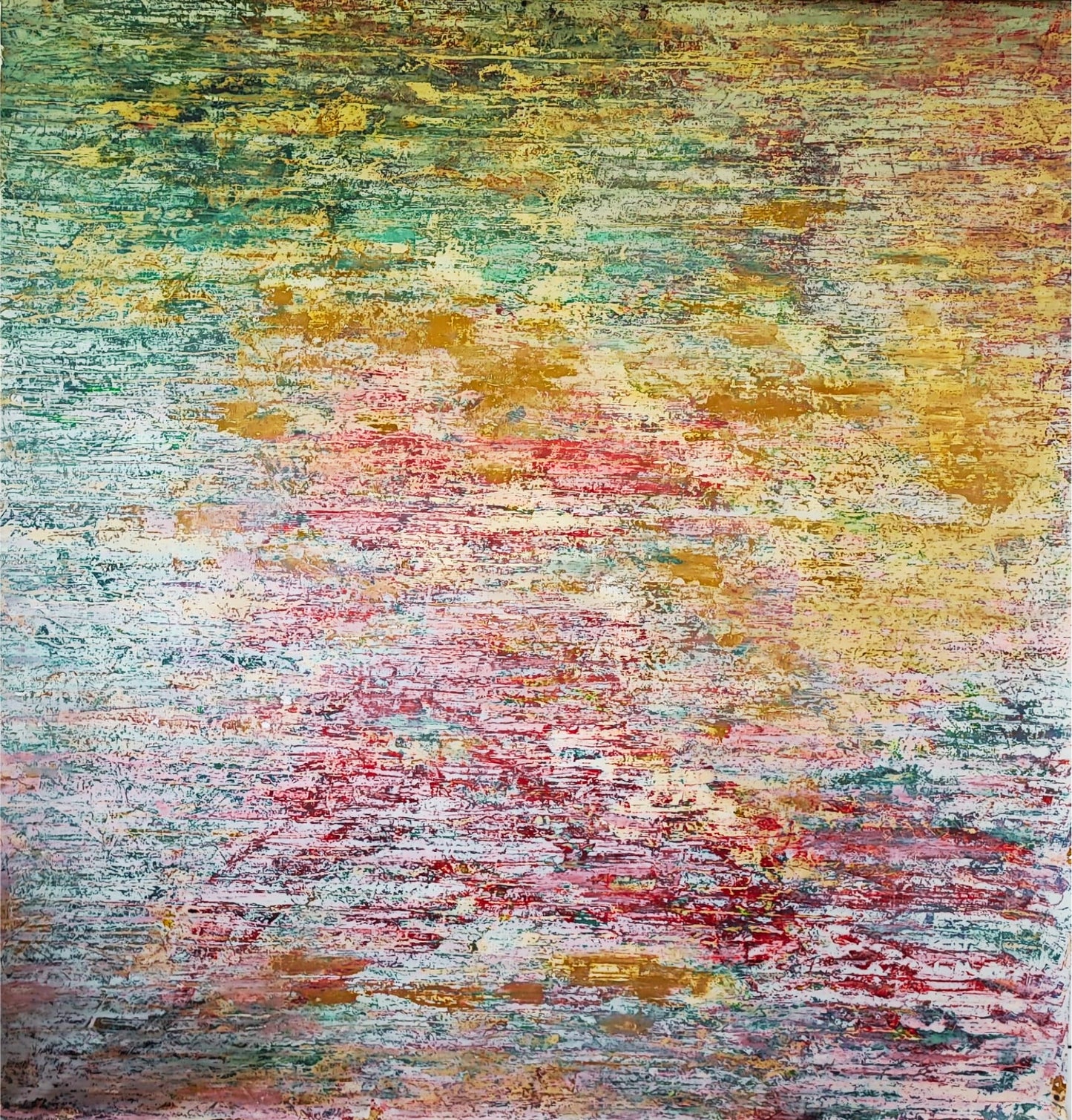 "Nymphéas" by Lenon B, an abstract canvas that explores the interplay of light and water, creating a soothing effect through soft, blended colors.