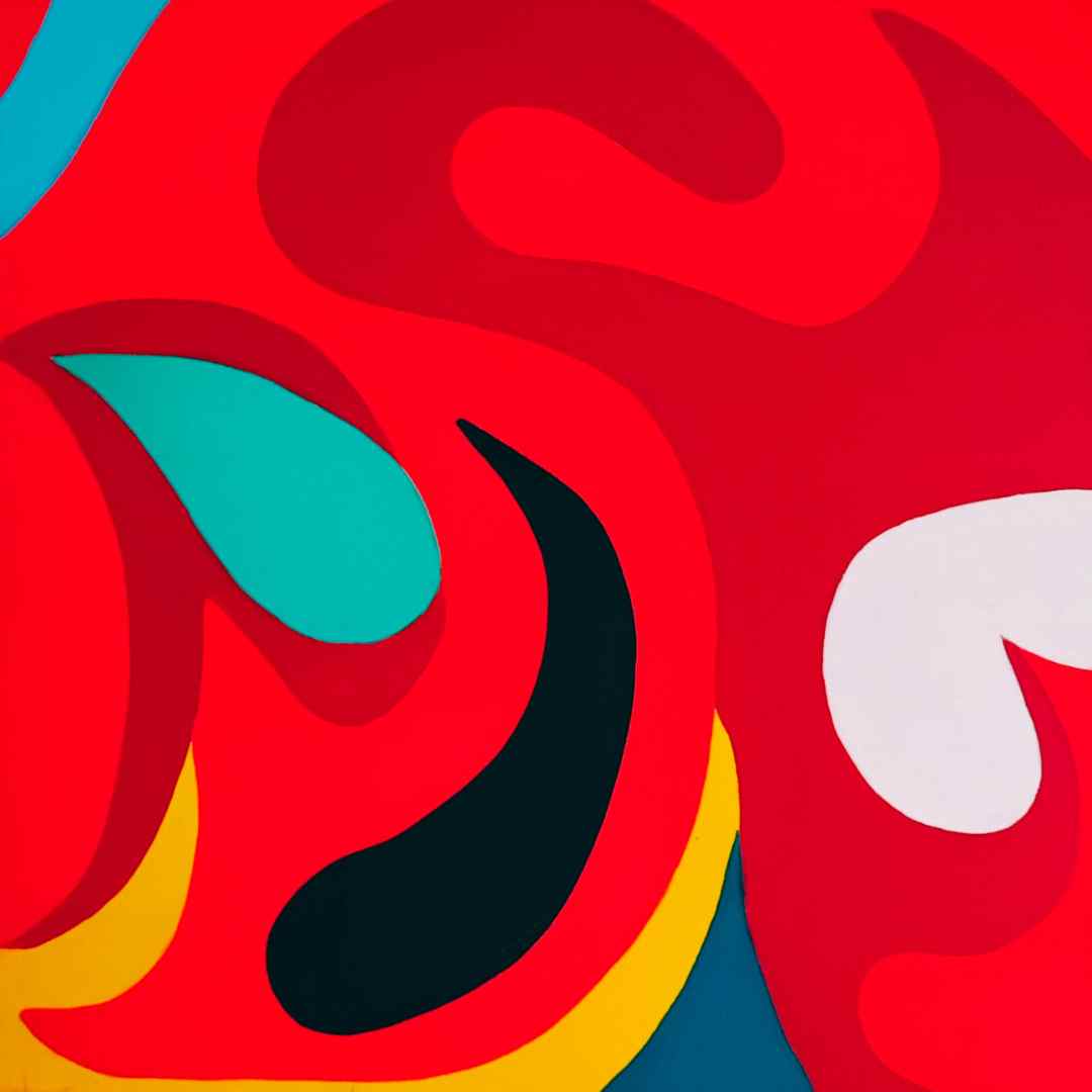 Lenon B’s "Oxygène 11", a dynamic 70s-inspired acrylic painting with a fiery red background and bold black, teal, and yellow shapes.