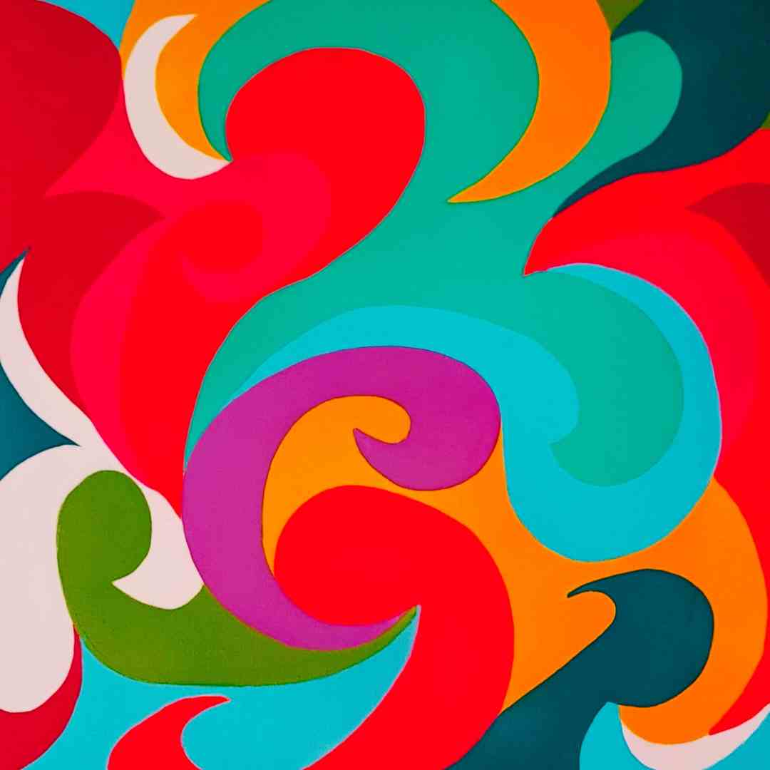 "Oxygène 15" by Lenon B, an expressive acrylic painting celebrating the dynamic colors of 70s psychedelic pop art.