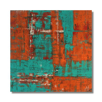 "Pacific Palisade" by Lenon B, an abstract painting of a weathered wooden palisade with green and orange tones evoking a vintage feel.