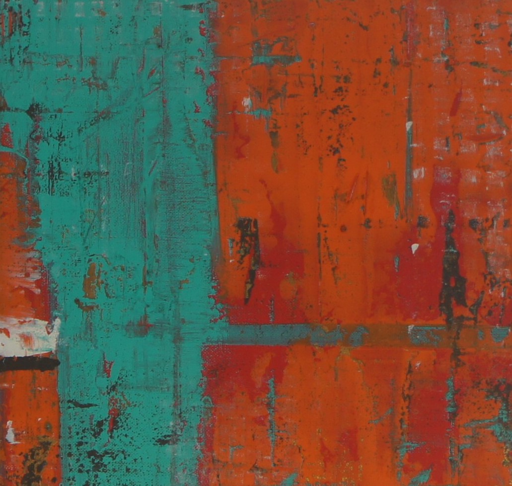 "Pacific Palisade" by Lenon B, an artwork with nostalgic tones of green and orange, resembling a weathered wooden palisade.