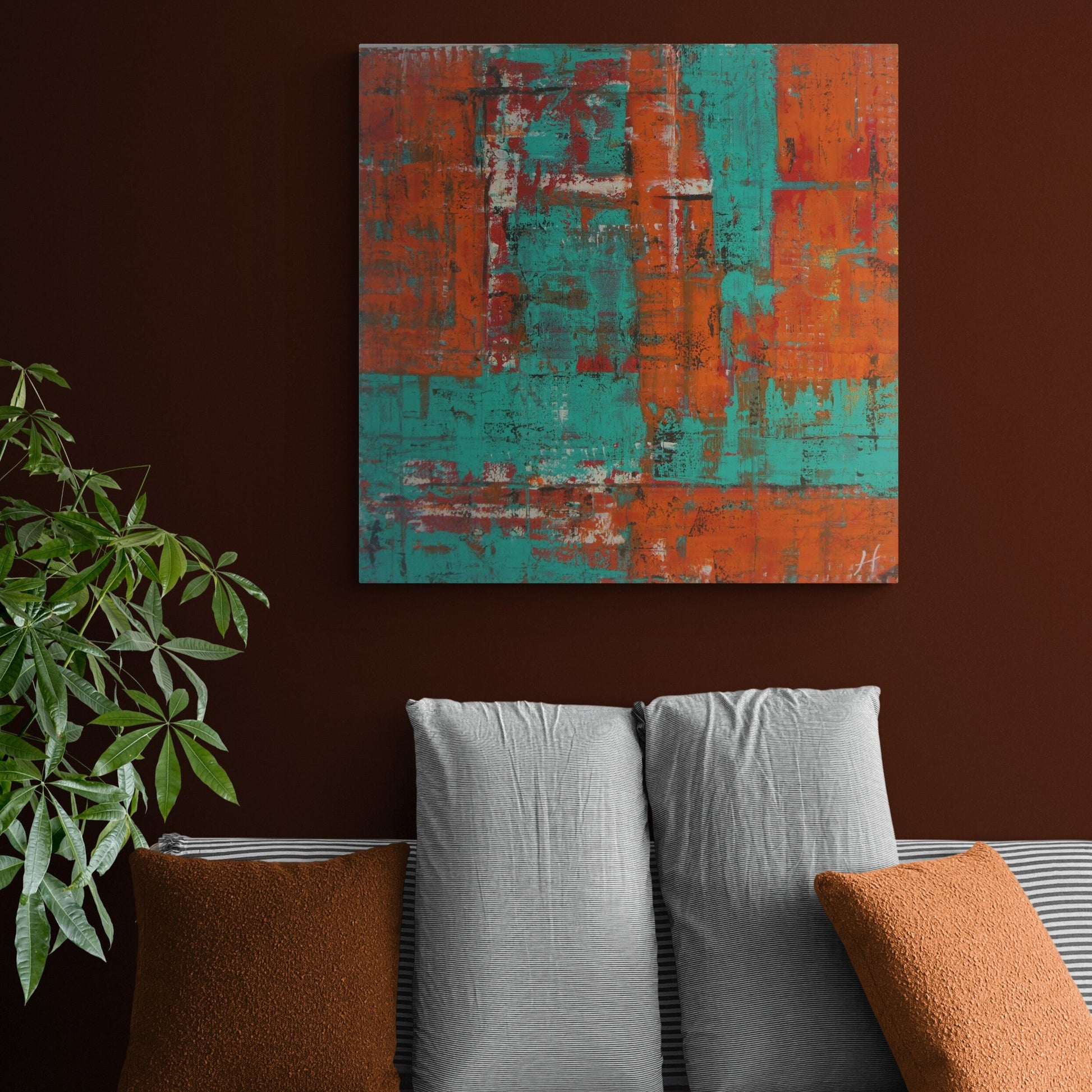 "Pacific Palisade" by Lenon B, an artwork inspired by weathered wood, featuring earthy green and orange tones that evoke time’s passage.