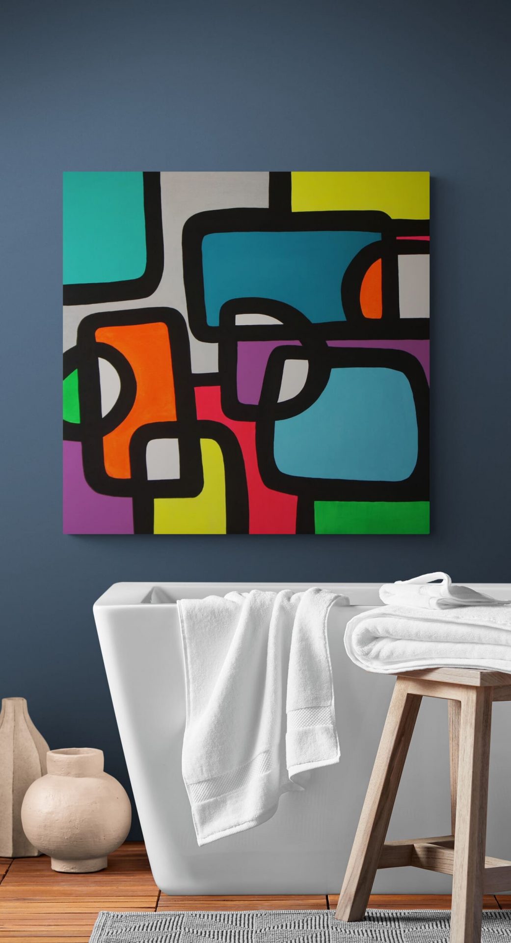 "Parc Borely" by Lenon B, an energetic abstract pop art piece featuring bright colors and geometric forms inspired by the 1970s.