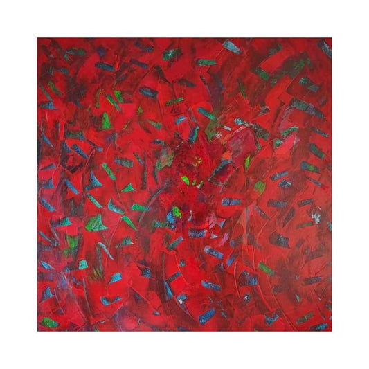 "Pétalas do Mar" by Lenon B, an abstract painting inspired by the coastal beauty of Ericeira, featuring vibrant reds and blues.