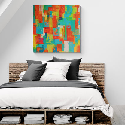 "Pixels" by Lenon B, a vibrant abstract canvas featuring fluorescent hues.