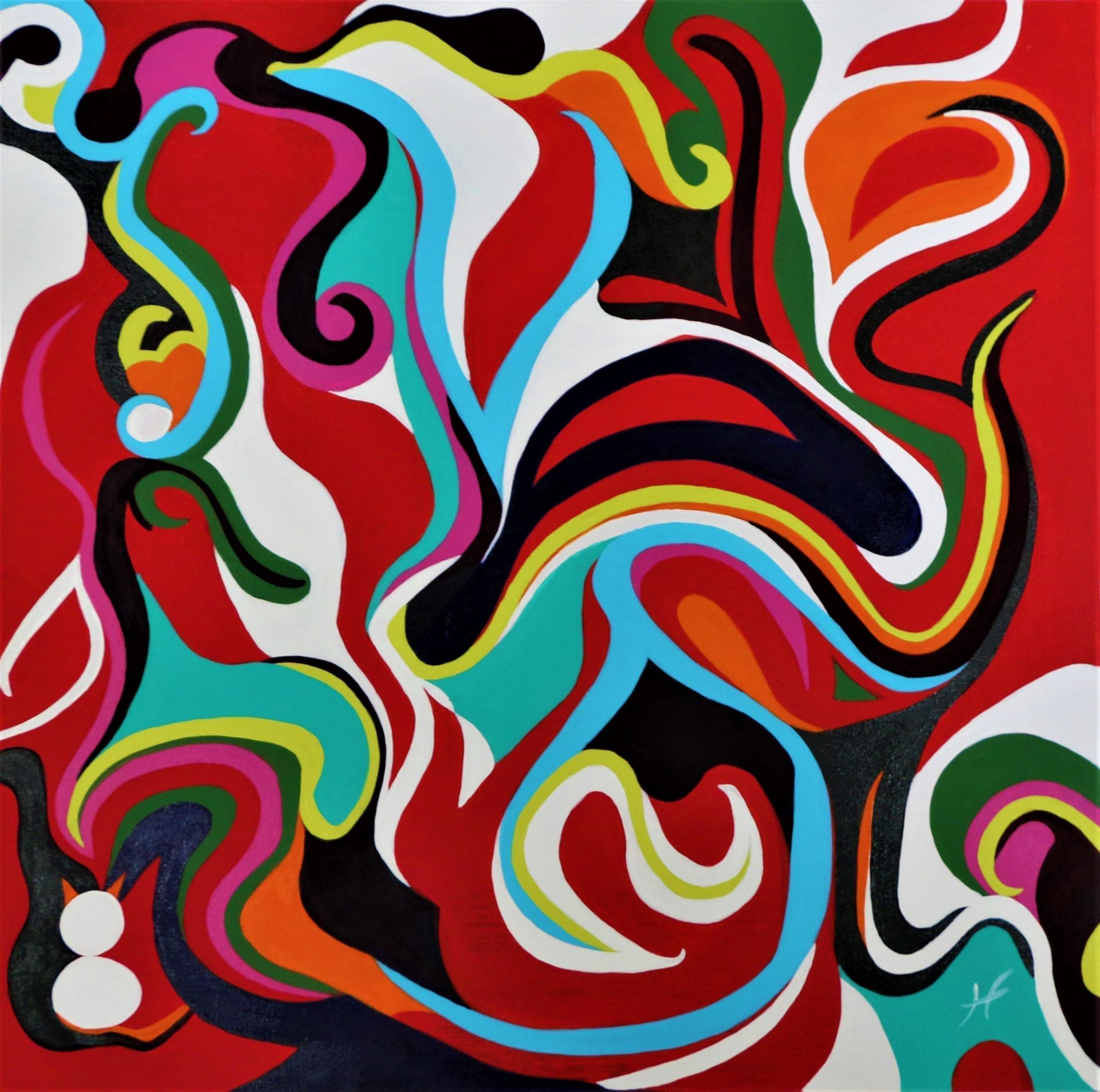 "Poppies" by Lenon B, featuring vibrant flowing curves in a dynamic pop art composition.