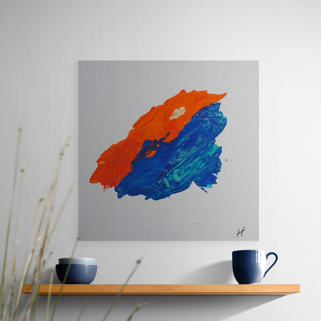 Minimalist coastal sunset art by Lenon B with vibrant orange and deep blue.