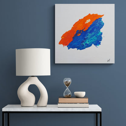 Minimalist sunset art "Pôr do Sol na Ericeira" by Lenon B, featuring orange and blue on a white background.