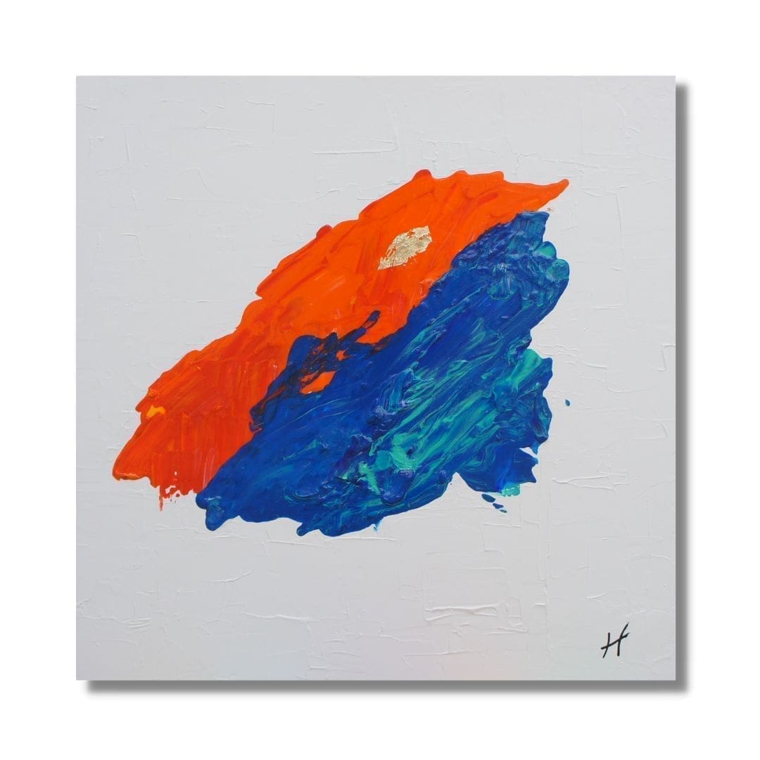 "Pôr do Sol na Ericeira" by Lenon B, an original minimalist sunset artwork in vibrant orange and blue.