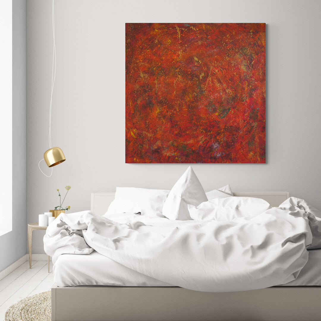 "Résilience" showcases a powerful red palette that symbolizes strength and determination in Lenon B's artistry.