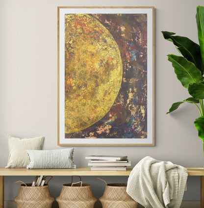 "Rebirth" by Lenon B, a radiant golden abstract painting reflecting Earth’s beauty and renewal.