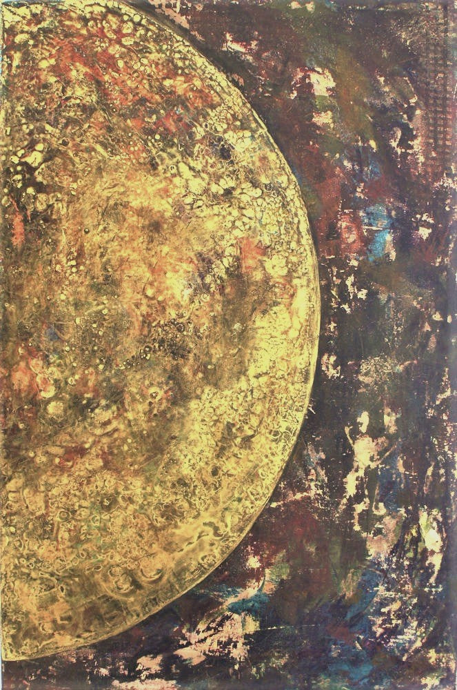 "Rebirth" by Lenon B, a radiant golden abstract painting reflecting Earth’s beauty and renewal.