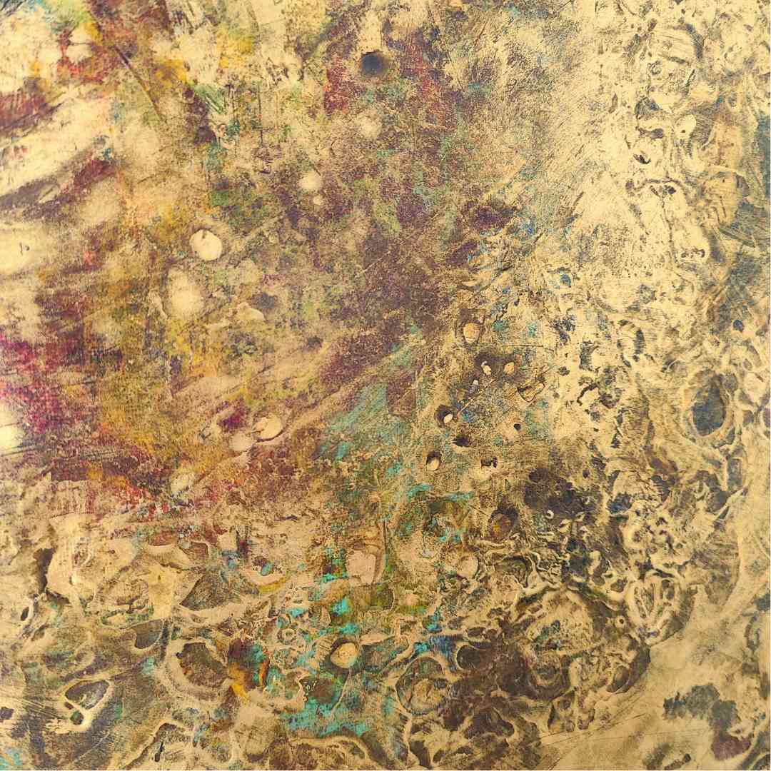 A golden sphere dominates Lenon B’s abstract painting "Rebirth," representing planetary rebirth.