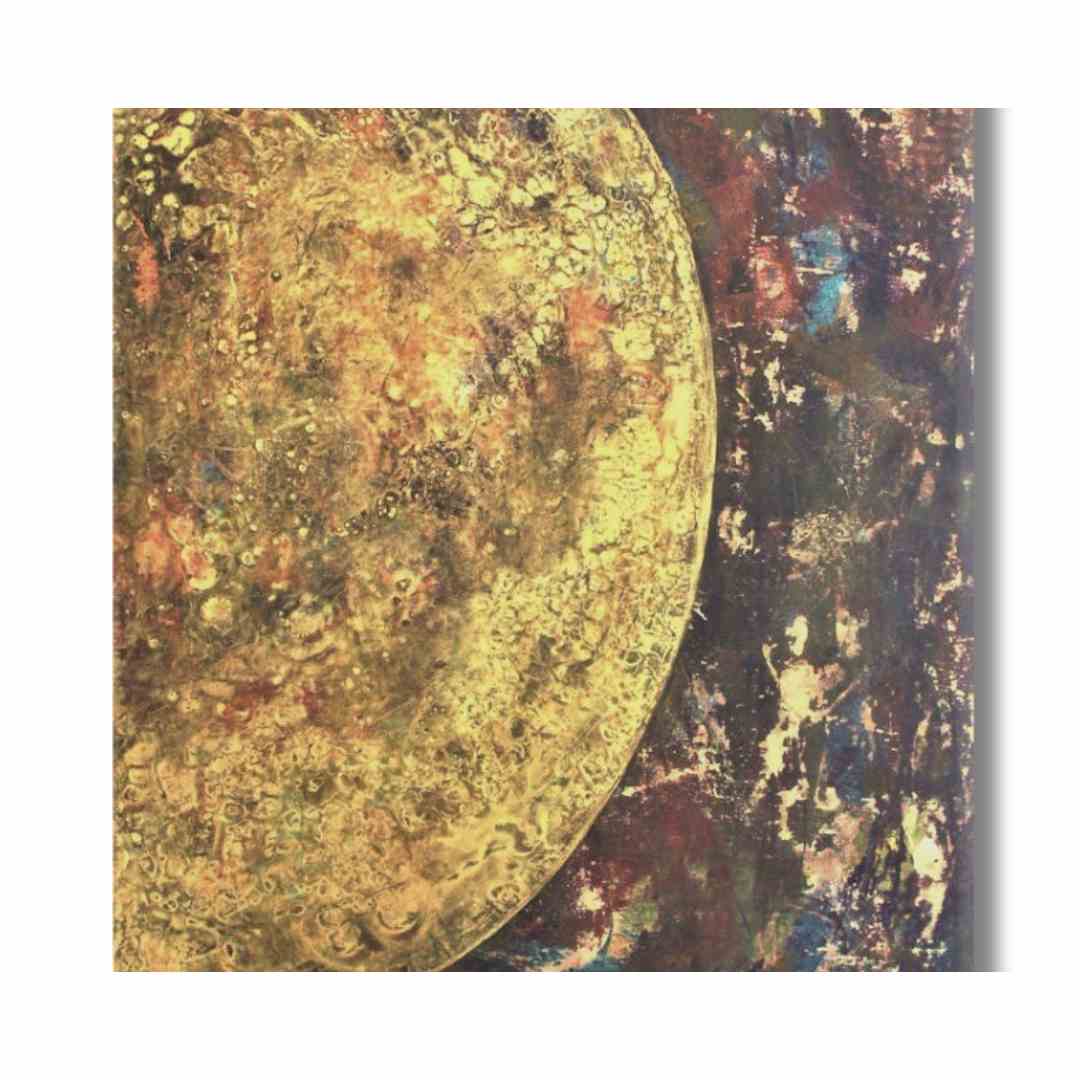  "Rebirth" by Lenon B, a golden-hued abstract painting symbolizing planetary renewal.