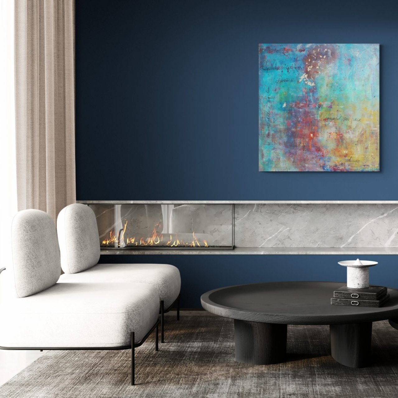 "Requiem" is an acrylic painting by Lenon B, characterized by soft blues and ochres representing spiritual elevation.