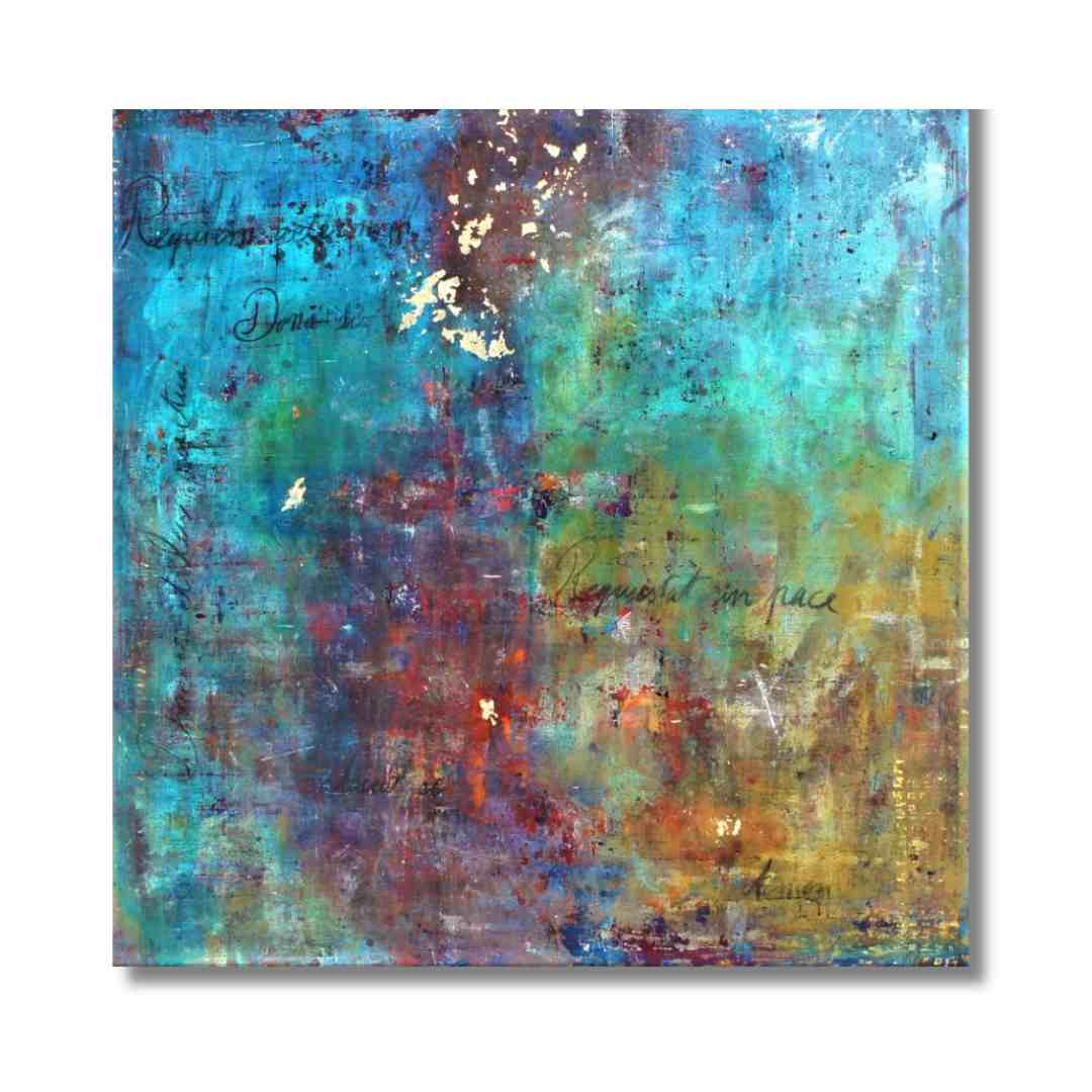 "Requiem" by Lenon B, an abstract painting in soft blues and ochres, exploring themes of life and loss.