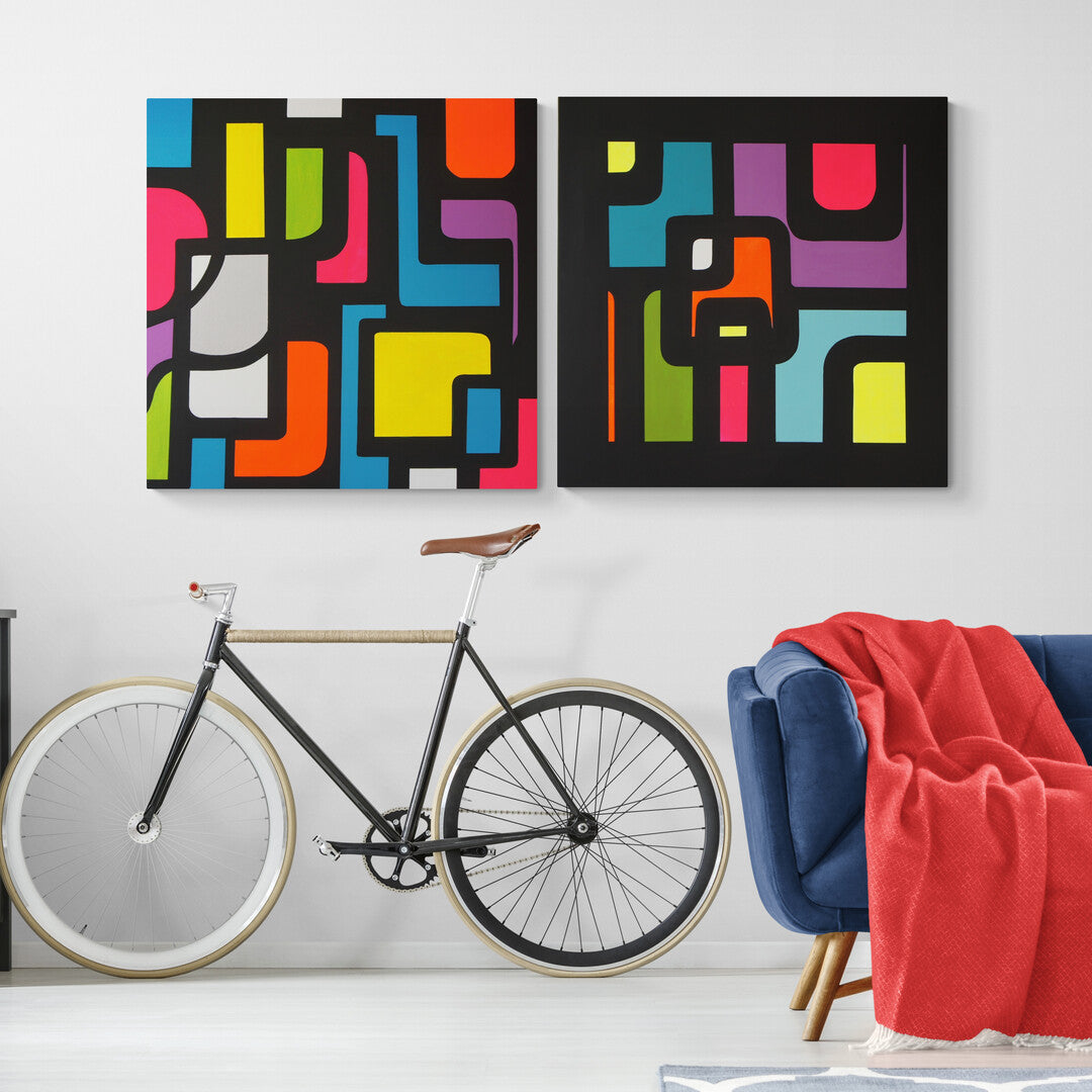 a retro vintage painting with bold geometric shapes and vibrant colors by Lenon B.