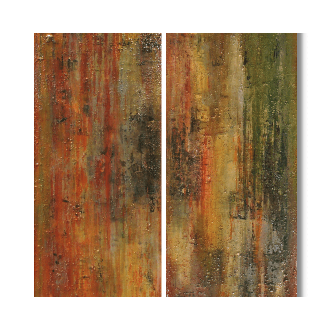 "Roussillon" by Lenon B, a diptych celebrating the vibrant colors of Provence with acrylic and resin on canvas.