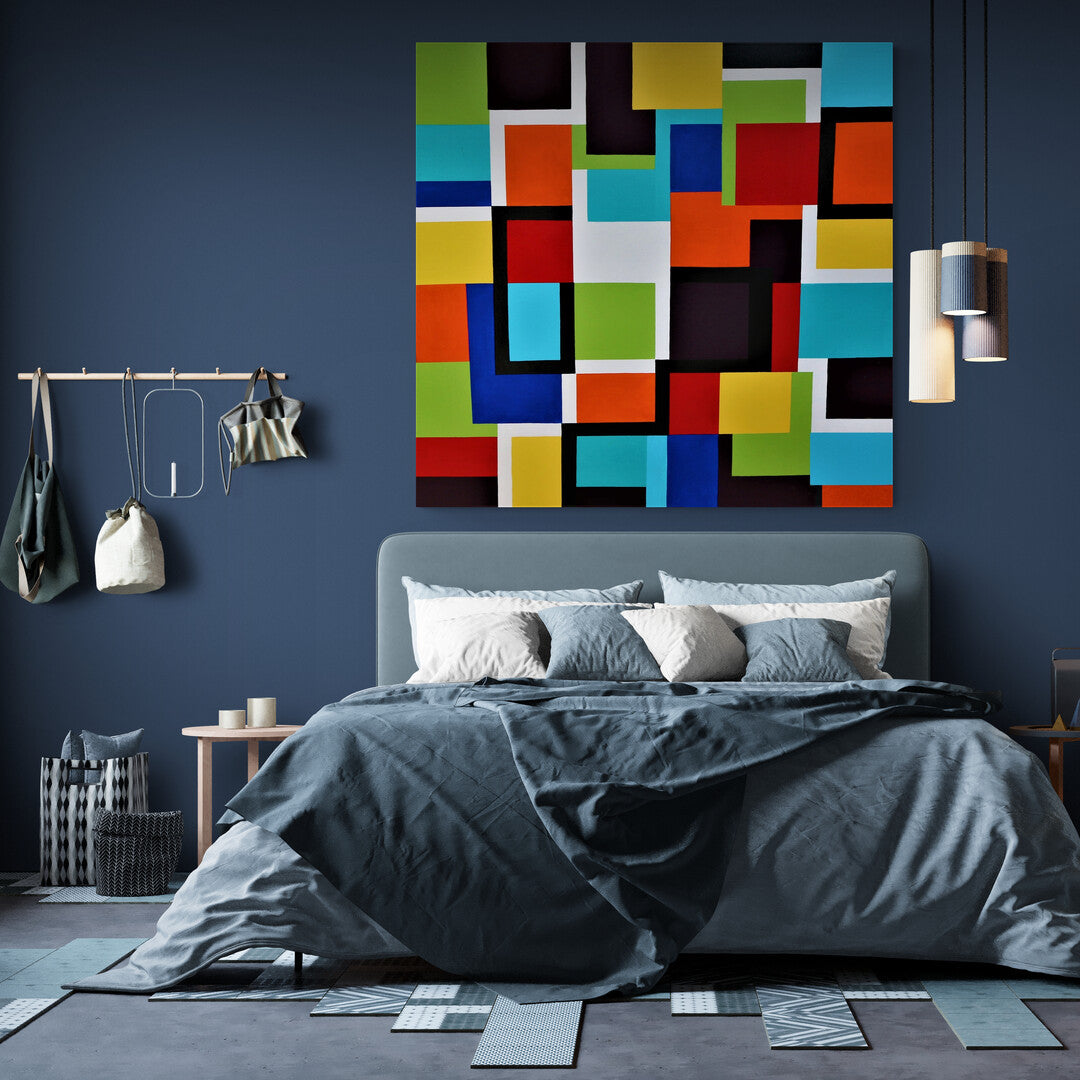 The vibrant colors in "Rubick's Cube" create a colorful mosaic that enlivens the space.