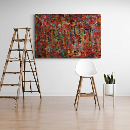 This large 90x150 cm artwork features a dynamic blend of vibrant colors