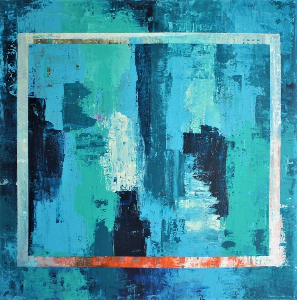 100 cm x 100 cm acrylic painting "São Julião" by Lenon B, featuring abstract and tranquil design.