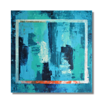  Abstract painting "São Julião" by Lenon B, featuring calming blue tones with accents of orange.