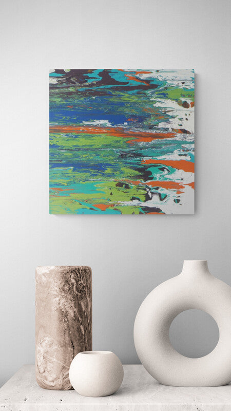 An abstract painting that evokes the depth and beauty of the ocean and sunset-lit shores.