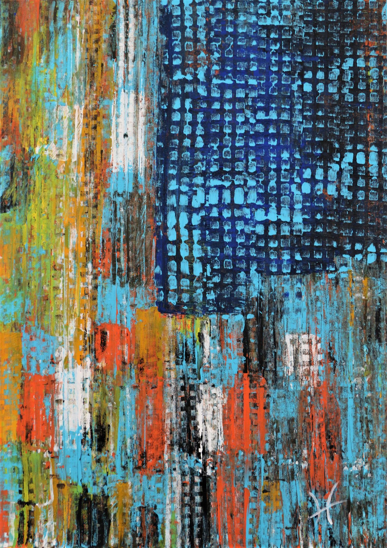 This piece evokes the energy of a bustling city with its vibrant colors and abstract forms.