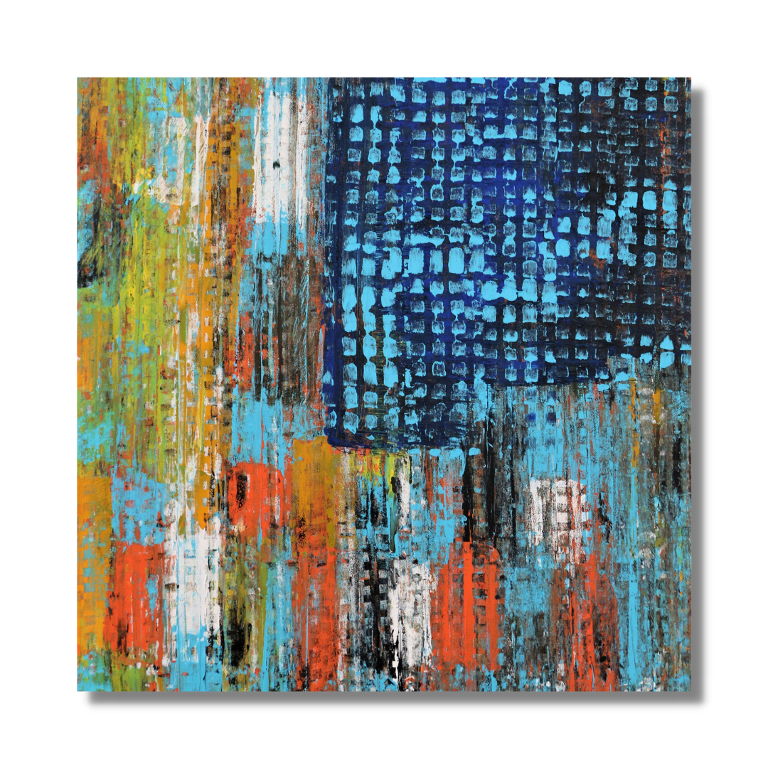 "Saigon" by Lenon B is an acrylic artwork featuring dynamic shades of blue, orange, and green.