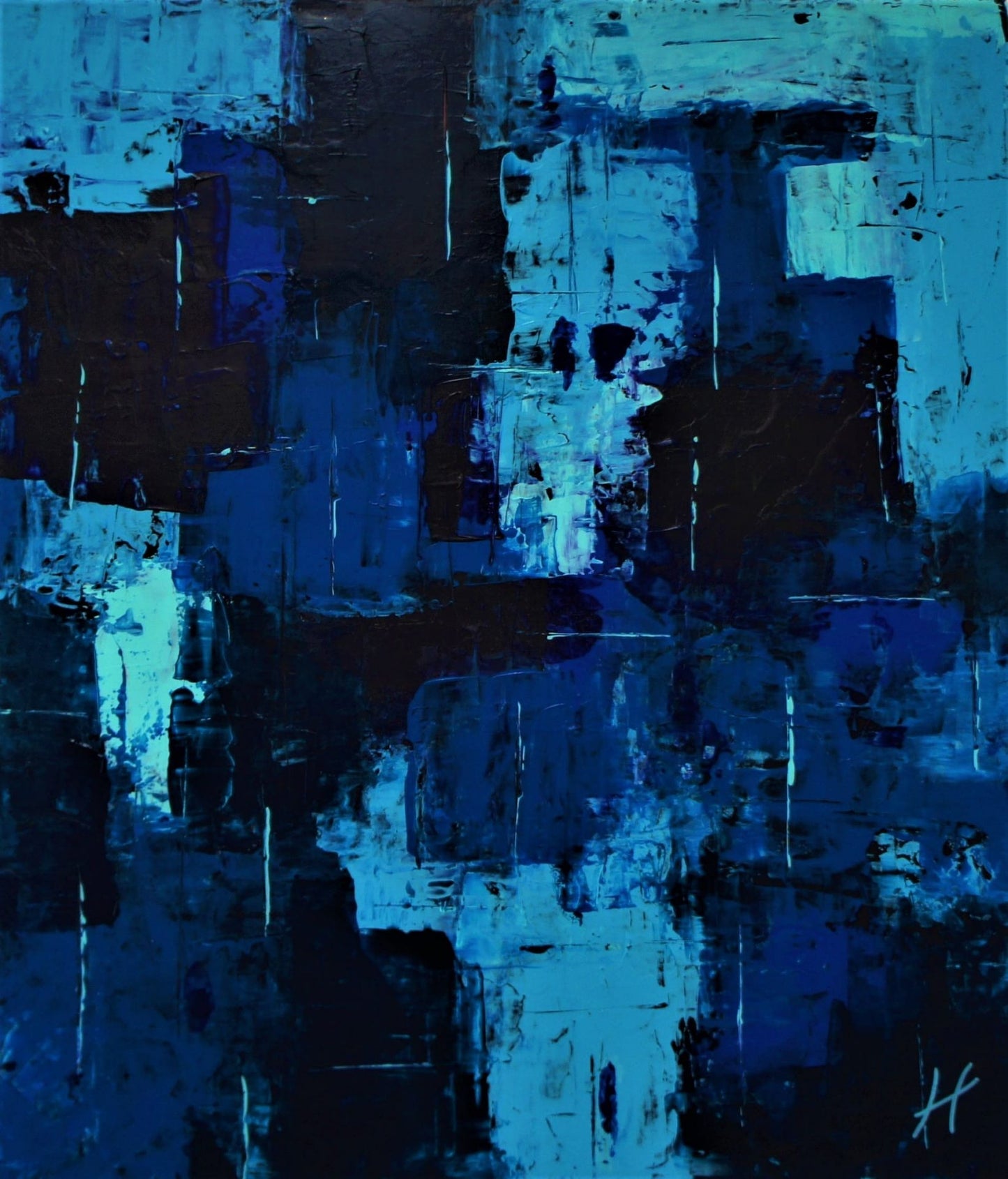 "Santorin" features an abstract, dynamic composition of Mediterranean blues.