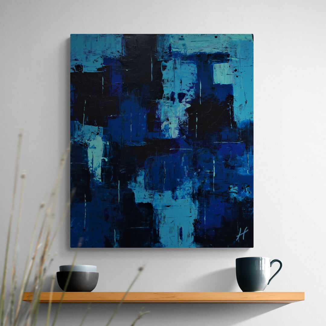 This painting features shades of blue inspired by the serene waters of the Greek islands.