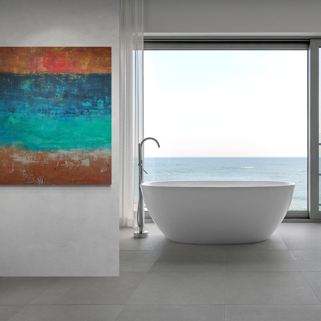 Lenon B's "Sao Juliao Sunset," a tribute to Ericeira's iconic beach, blending abstract forms with natural colors.