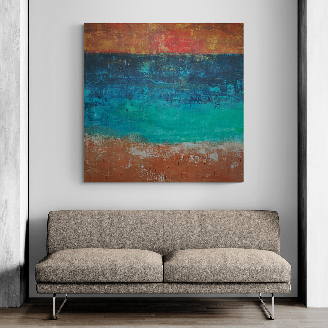 Vibrant abstract coastal landscape inspired by Sao Juliao Beach, painted by Lenon B.