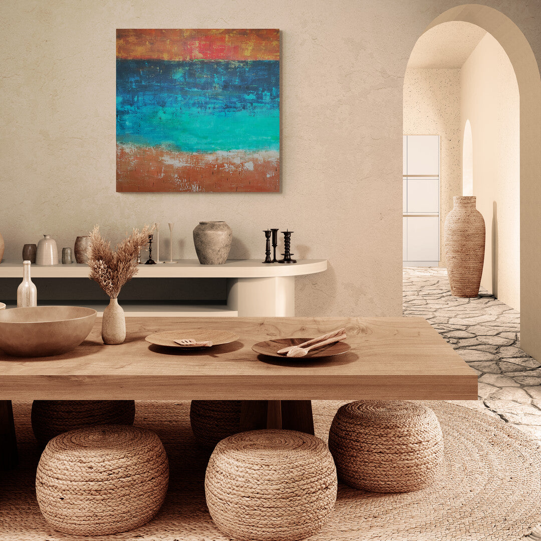 XXL abstract coastal artwork "Sao Juliao Sunset" by Lenon B, with vibrant ocean and sunset tones.