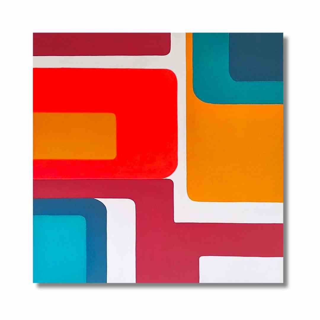 "Seventies" is a vibrant acrylic painting inspired by the bold geometric designs of the 1970s.