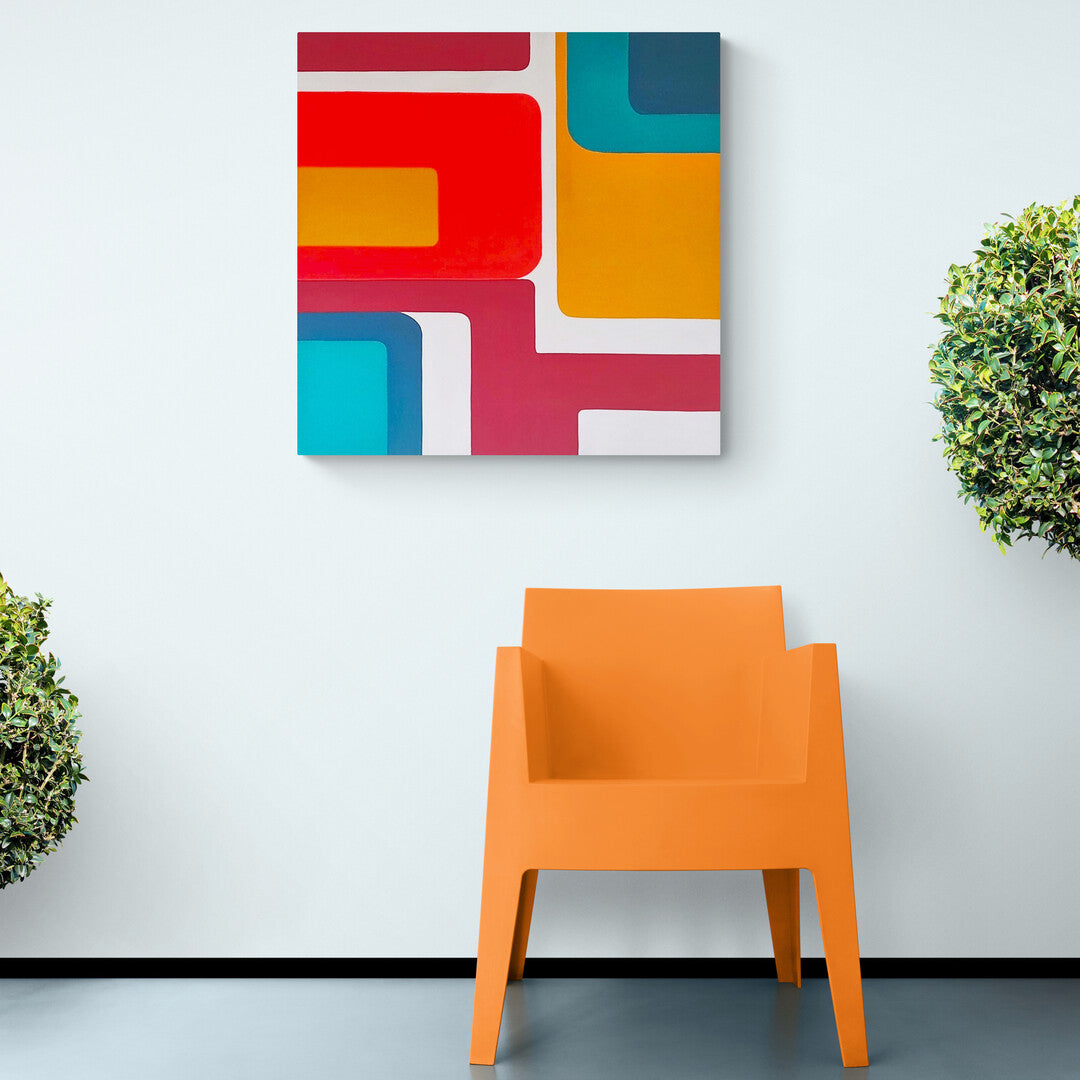 "Seventies" blends nostalgic geometric shapes with vibrant colors, recalling the playful 70s.