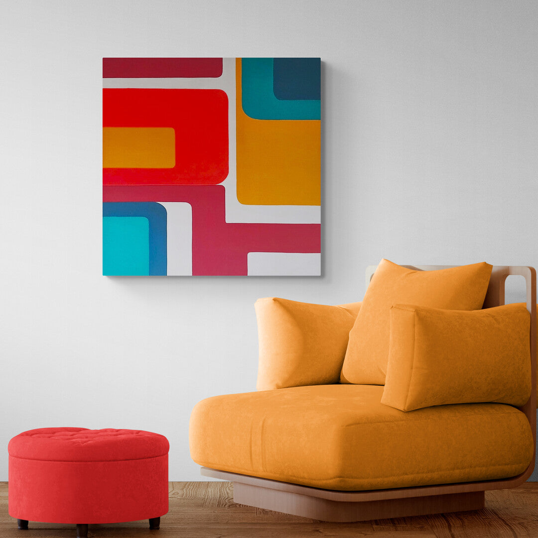 Experience a retro ambiance with this bold, 70s-inspired artwork full of color and dynamic shapes.