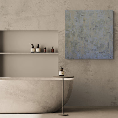 This 80x80 cm artwork features soft shades of beige, gray, and cream.