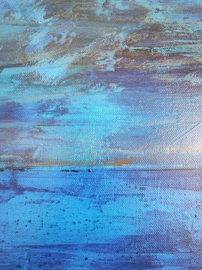 "Silent Waves" by Lenon B, a 60x60 cm painting with calming blue hues, inspired by the quiet beauty of ocean waves.