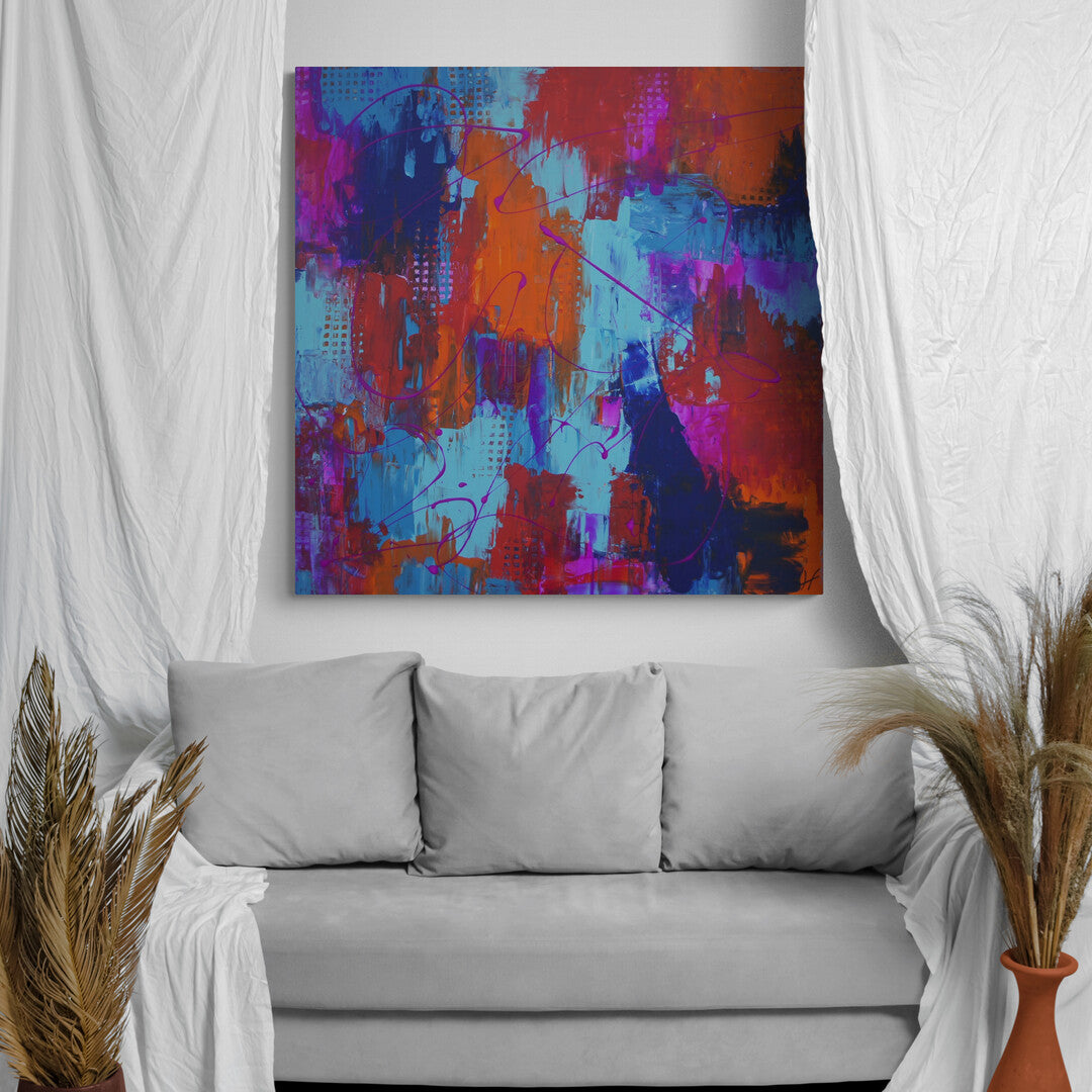 "Something" – an abstract artwork brimming with energy, featuring blue, neon orange, and fuchsia.