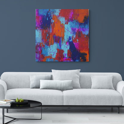 Bold and colorful abstract artwork "Something" by Lenon B, with blue, orange, and pink tones.