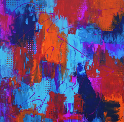 Modern abstract art by Lenon B, with a stunning combination of blue, neon orange, and fuchsia.