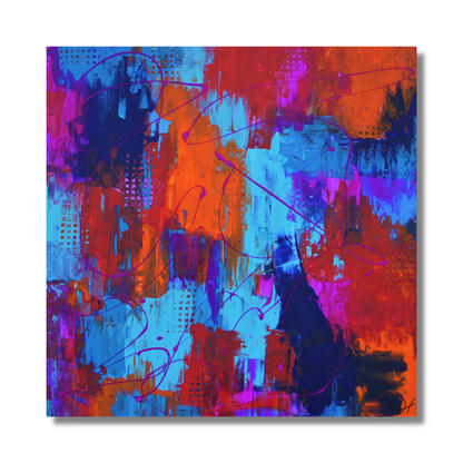 "Something" by Lenon B, an abstract painting with bold blue, neon orange, and fuchsia tones.