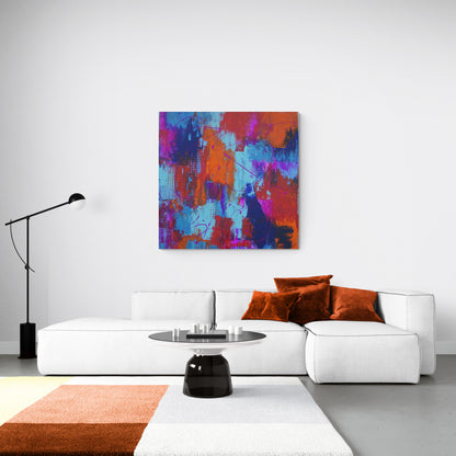 A vibrant, energetic abstract artwork by Lenon B with a bold mix of blue and neon colors.