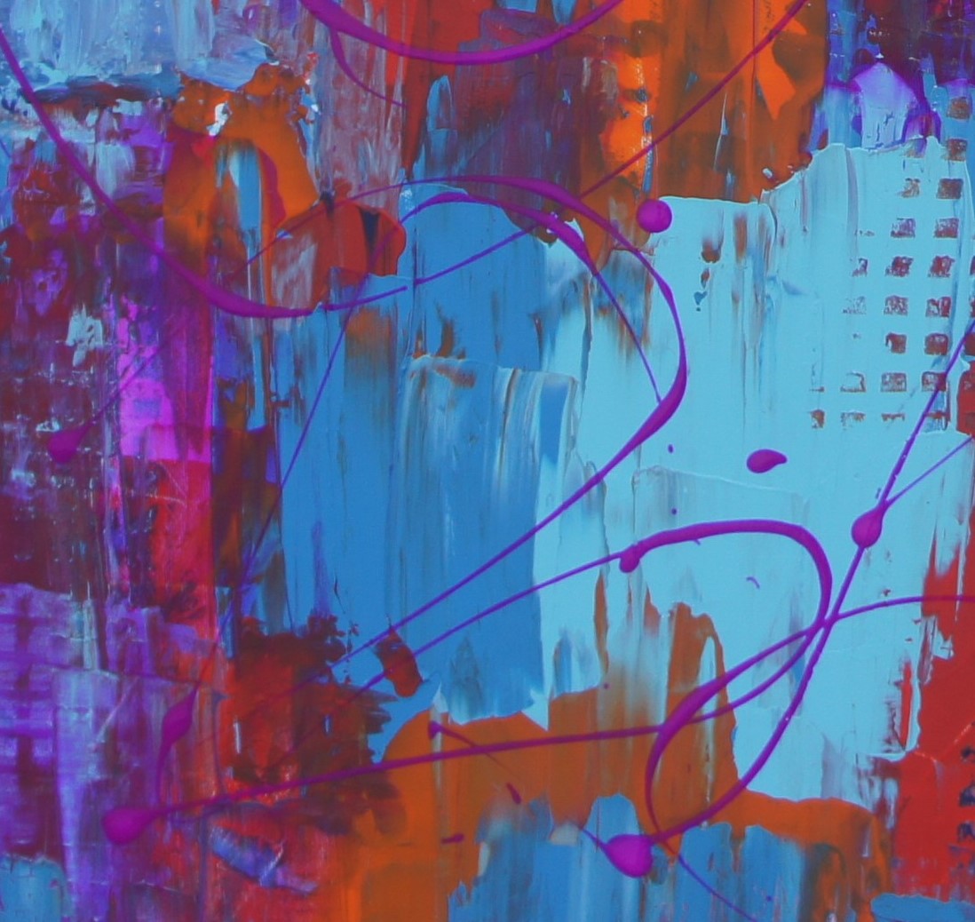 "Something" is a vivid and energetic abstract painting by Lenon B, featuring deep blues and bright neon accents.