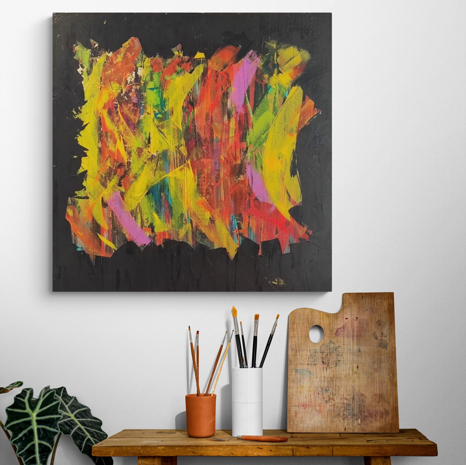 Abstract acrylic painting by Lenon B, with vibrant colors in motion on a deep black canvas.