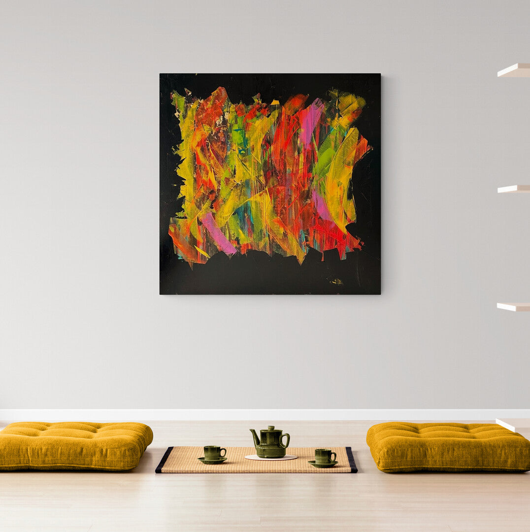 "Soul Dance" – an abstract artwork by Lenon B, featuring a vibrant mix of red, orange, yellow, blue, and green against black.