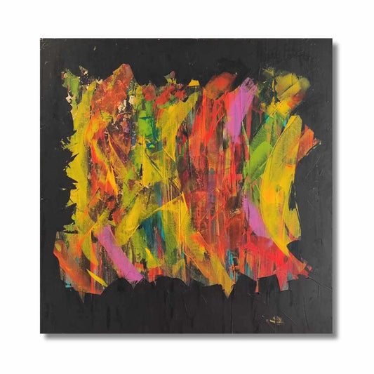 "Soul Dance" by Lenon B, an abstract painting with vibrant colors swirling against a black background.