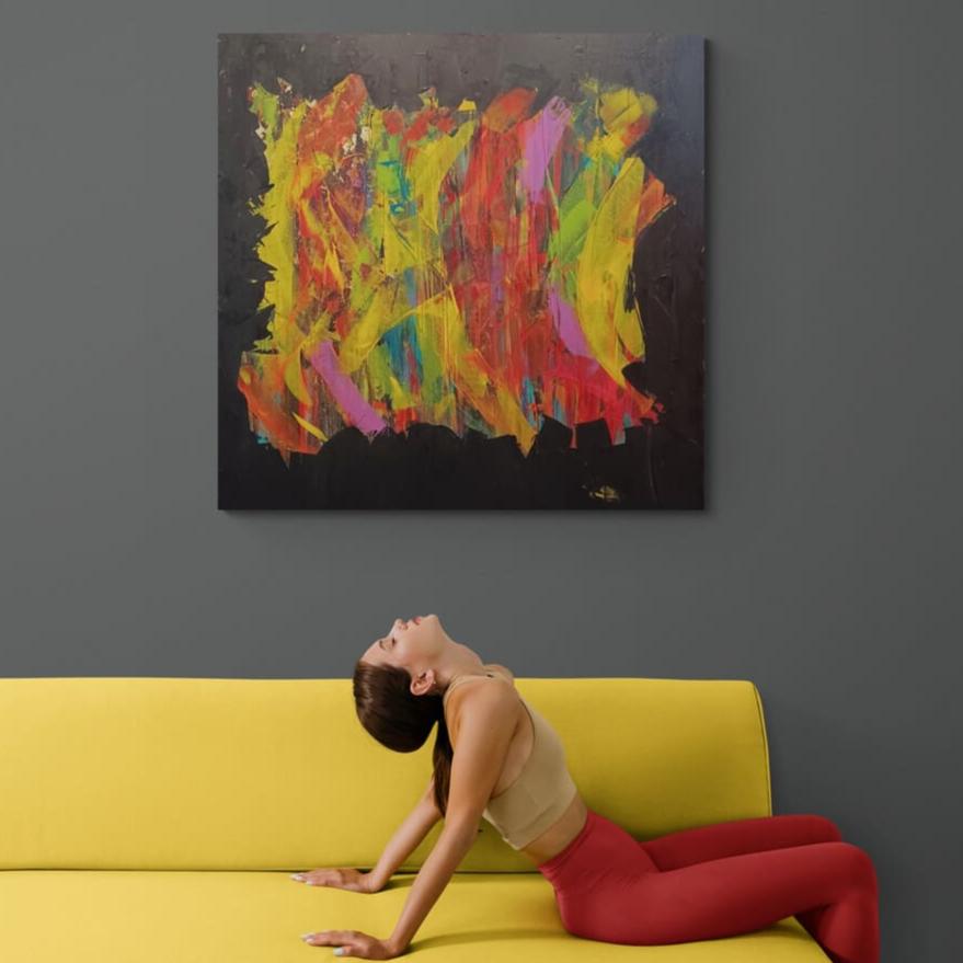 Soul Dance" – a vibrant, energetic painting by Lenon B, featuring swirling colors on a black canvas.